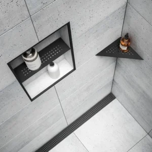 Shower shelves grab space