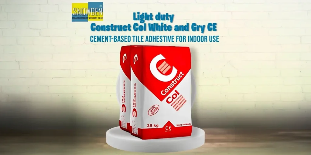Professional product display by a leading Tile Glue Manufacturer UAE, featuring two 25 kg bags of Construct Col White and Grey CE. This light-duty, cement-based tile adhesive is designed specifically for indoor use and reliable tile bonding.