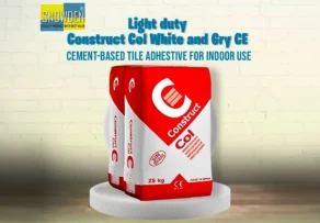Top Rated Tile Glue Manufacturer UAE with Fast Setting Tile Adhesive Solutions 1 Professional product display by a leading Tile Glue Manufacturer UAE, featuring two 25 kg bags of Construct Col White and Grey CE. This light-duty, cement-based tile adhesive is designed specifically for indoor use and reliable tile bonding.