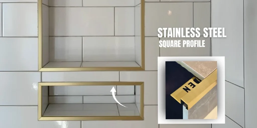 A modern shower niche installation featuring a gold-finished stainless steel square profile trim, highlighting the precision fabrication of a Stainless Steel Manufacturer UAE.
