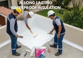 Three professional contractors in safety gear applying white Pumaflex insulation and liquid membrane to a residential rooftop, demonstrating the use of durable waterproofing materials UAE.