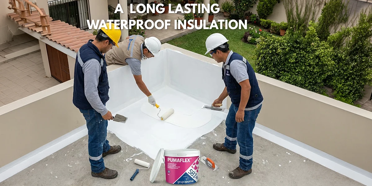 Three professional contractors in safety gear applying white Pumaflex insulation and liquid membrane to a residential rooftop, demonstrating the use of durable waterproofing materials UAE.