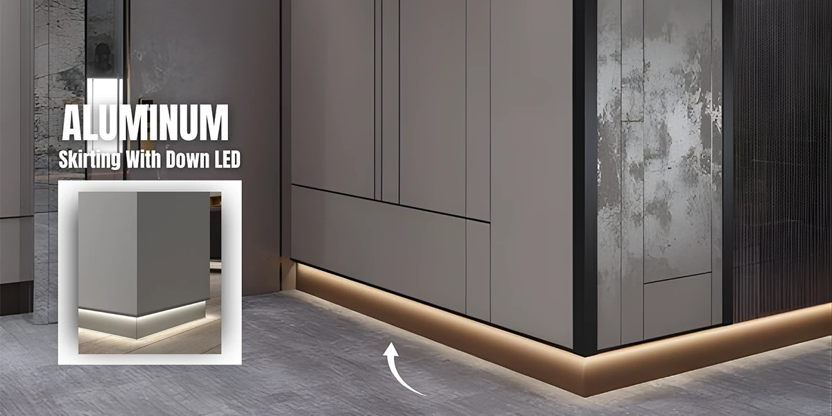 Modern interior cabinetry featuring aluminum skirting with a down-lit LED effect, showcasing premium architectural products from an Aluminum Skirting Supplier.