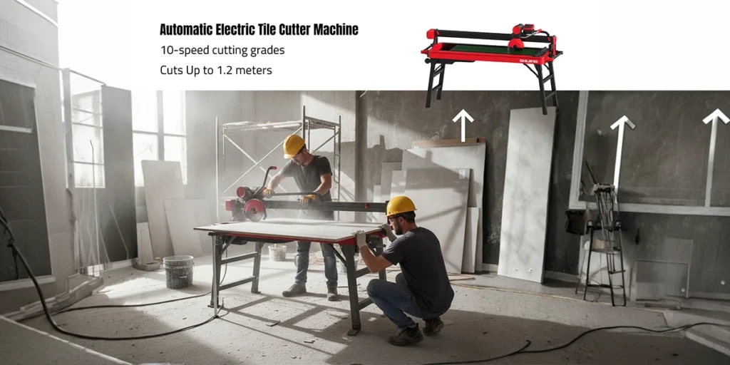An automatic electric tile cutter machine with 10-speed cutting grades and a 1.2-meter capacity. Two workers are shown operating the heavy-duty SHIJING bridge saw on a construction site, highlighting the industrial-grade equipment available from a tile cutting machines supplier in UAE.
