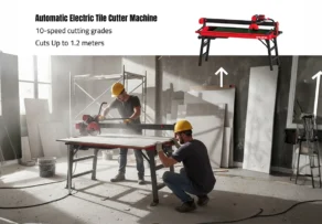 Tile Cutting Machines Supplier UAE with Advanced Cutting Technology 1 An automatic electric tile cutter machine with 10-speed cutting grades and a 1.2-meter capacity. Two workers are shown operating the heavy-duty SHIJING bridge saw on a construction site, highlighting the industrial-grade equipment available from a tile cutting machines supplier in UAE.