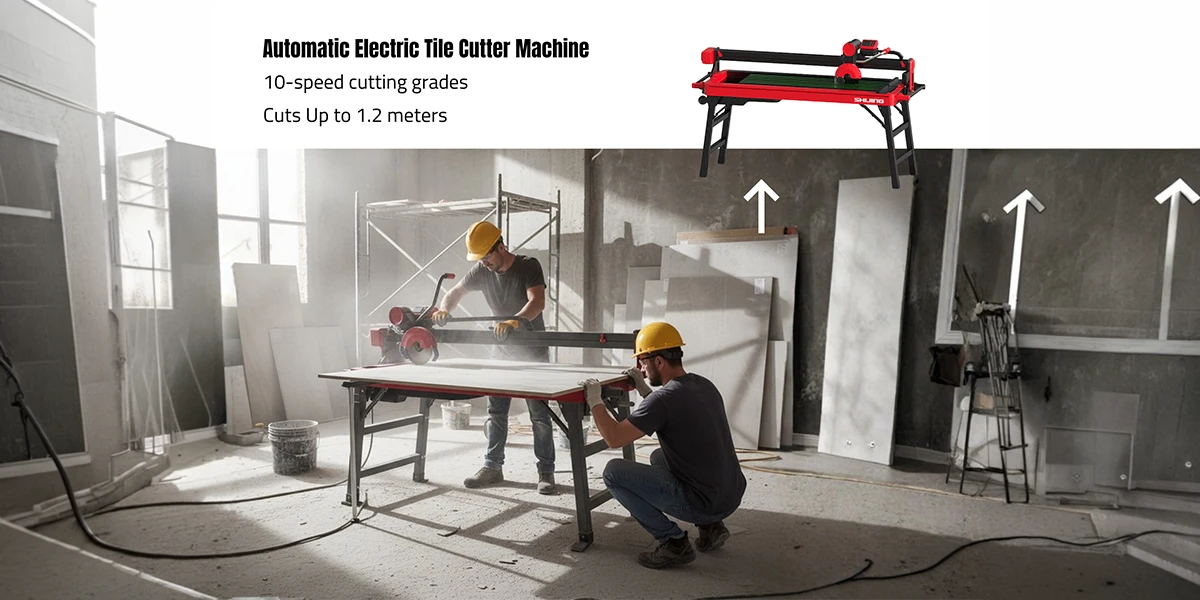 An automatic electric tile cutter machine with 10-speed cutting grades and a 1.2-meter capacity. Two workers are shown operating the heavy-duty SHIJING bridge saw on a construction site, highlighting the industrial-grade equipment available from a tile cutting machines supplier in UAE.