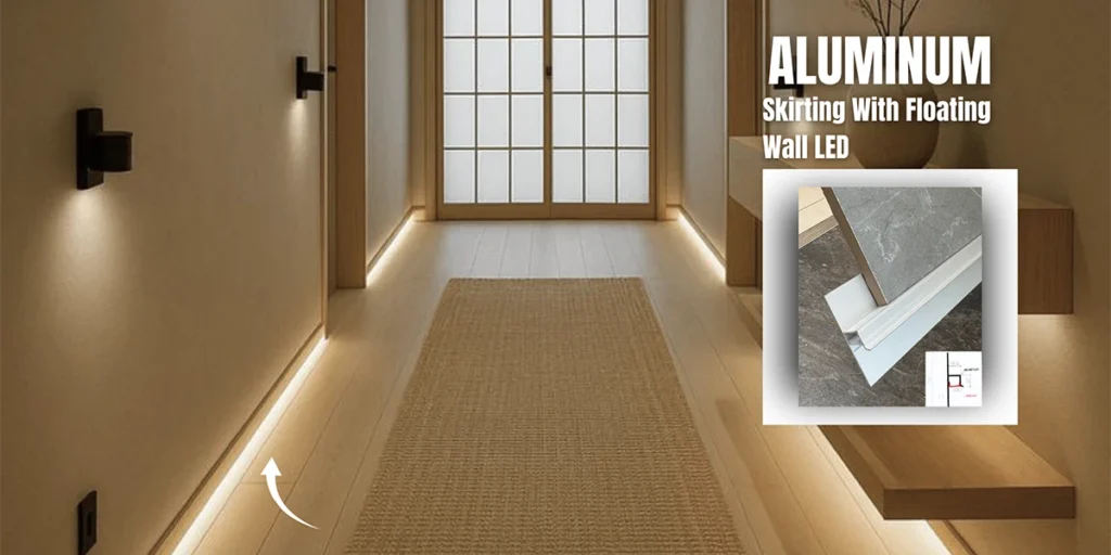 A bright minimalist corridor with glowing floating wall LED aluminum skirting, illustrating the innovative trim options available from an Aluminum Skirting Supplier.