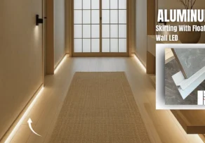 A bright minimalist corridor with glowing floating wall LED aluminum skirting, illustrating the innovative trim options available from an Aluminum Skirting Supplier.