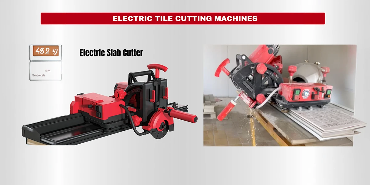 A SHIJING electric slab cutter with a red housing and circular diamond blade designed for large-format porcelain. The image shows the machine in action on a rail system with a water-cooling attachment, ideal for professional contractors seeking a tile cutting machines supplier in UAE.