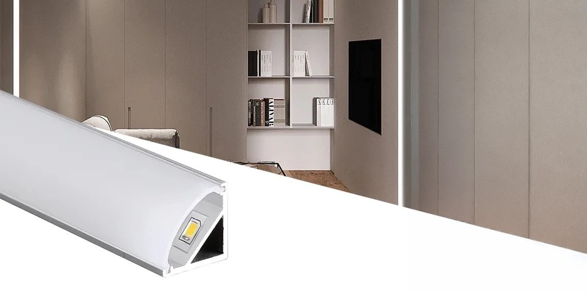 LED Profiles Manufacturer UAE: Designing, Customising, and Delivering High-Quality Lighting Systems 3 A high-quality aluminum corner LED profile with a frosted diffuser, manufactured by an LED profiles manufacturer in UAE for sleek interior accent lighting.