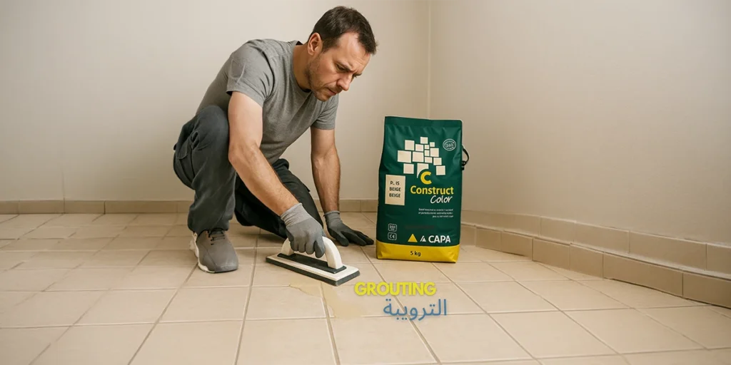 A contractor applying beige grout to floor tiles using professional tools and Capa Construct Color products sourced from a specialist tile grout supplier.
