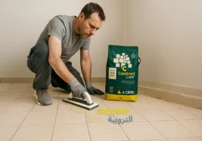 Tile Grout Supplier: The Overlooked Element That Determines Tile Durability and Finish 1 A contractor applying beige grout to floor tiles using professional tools and Capa Construct Color products sourced from a specialist tile grout supplier.