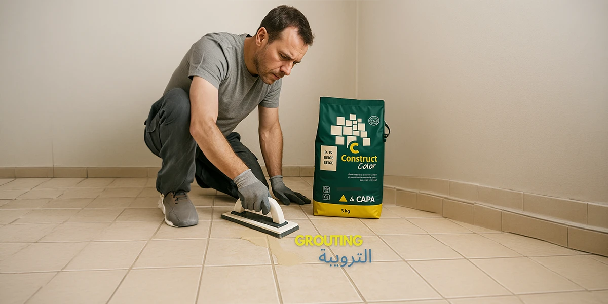 Tile Grout Supplier: The Overlooked Element That Determines Tile Durability and Finish 1 A contractor applying beige grout to floor tiles using professional tools and Capa Construct Color products sourced from a specialist tile grout supplier.