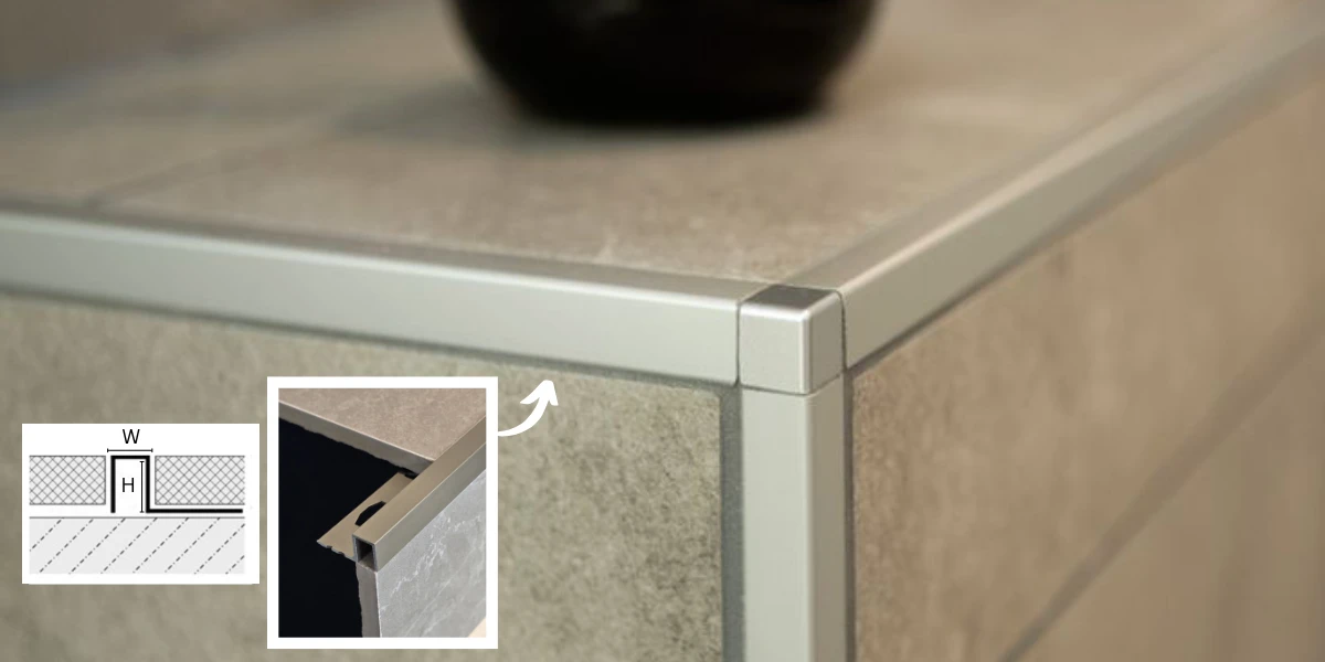 Aluminium profiles supplier showing corner edge trim detail for tiled surfaces with clean finishing and protective profile installation