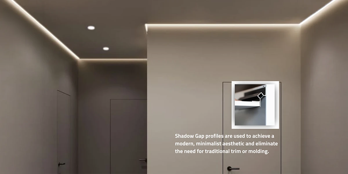 Modern hallway ceiling with concealed lighting and shadow gap profile installation by an Aluminium Profile Supplier for Shadow Gap systems.