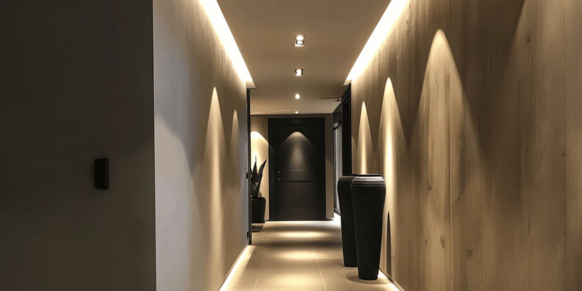 Modern hallway with concealed ceiling lighting and shadow gap aluminium profile design.