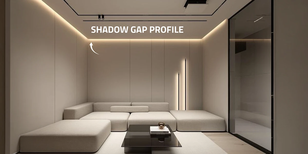 Modern minimalist living room featuring concealed ceiling lighting with a shadow gap design installed by an Aluminium Profile Supplier for Shadow Gap applications.