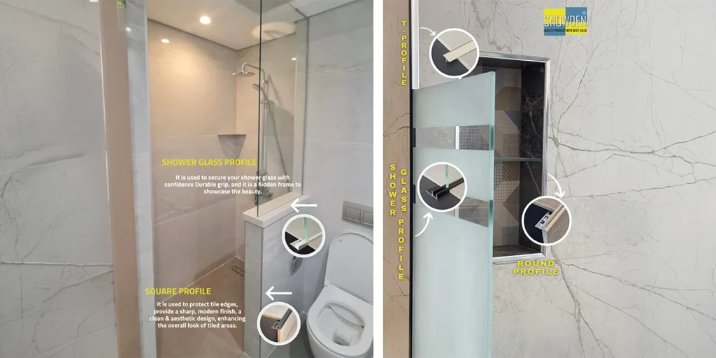 Aluminium profile manufacturer offering premium shower glass profiles, square profiles, T-profiles and round aluminium profiles for modern interior and bathroom applications.