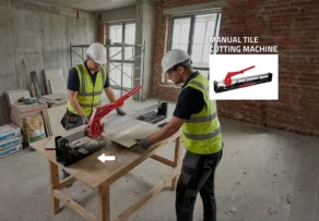 Worker using a heavy-duty manual tile cutting machine to score large ceramic tiles alongside a handheld tile breaking device.