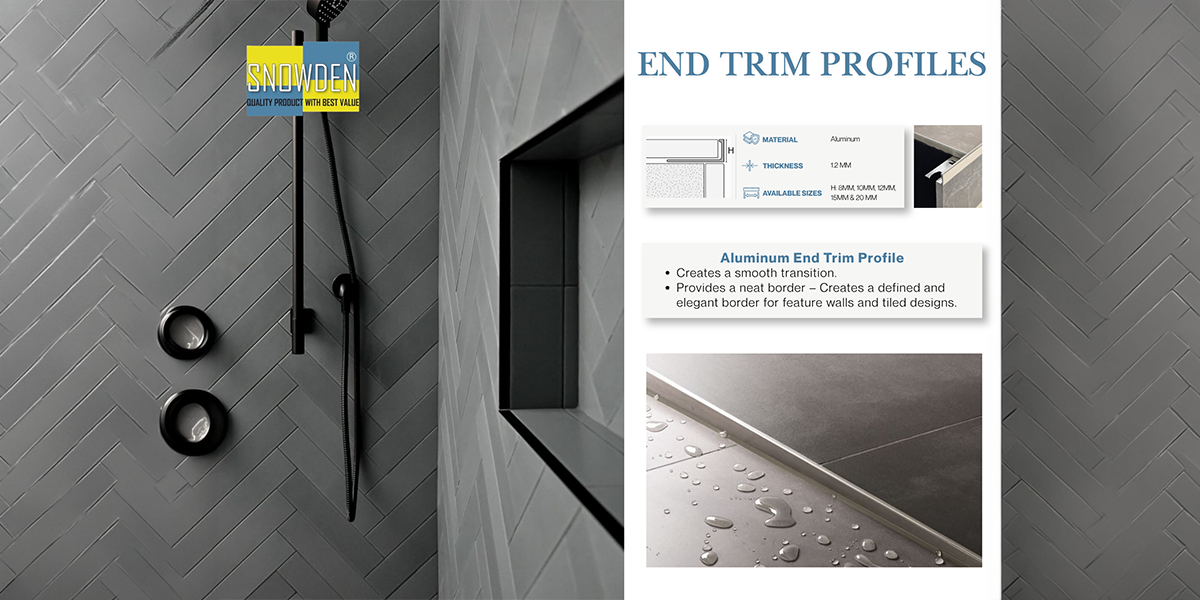 Aluminum End Trim Profiles by Aluminium Profile Manufacturer in UAE Modern shower niche and tiled floor edged with aluminum end trim profiles from a trusted aluminium profile manufacturer in UAE.