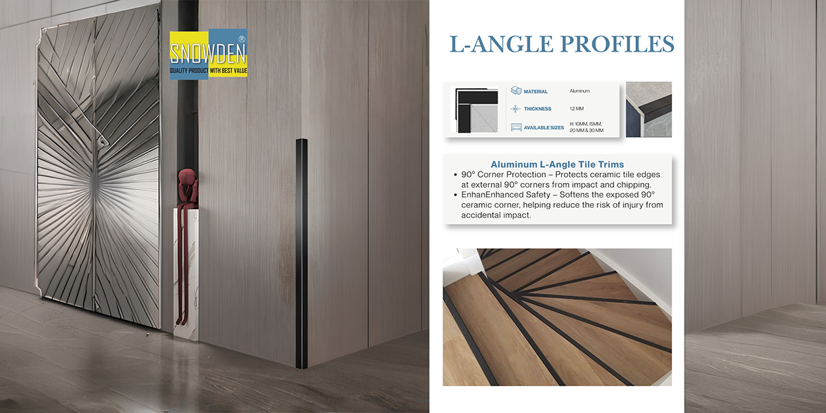 Aluminum L-Angle Profiles by Aluminium Profile Manufacturer in UAE Architectural wall corner and staircase edges protected with black aluminum L-angle profiles from an aluminium profile manufacturer in UAE.
