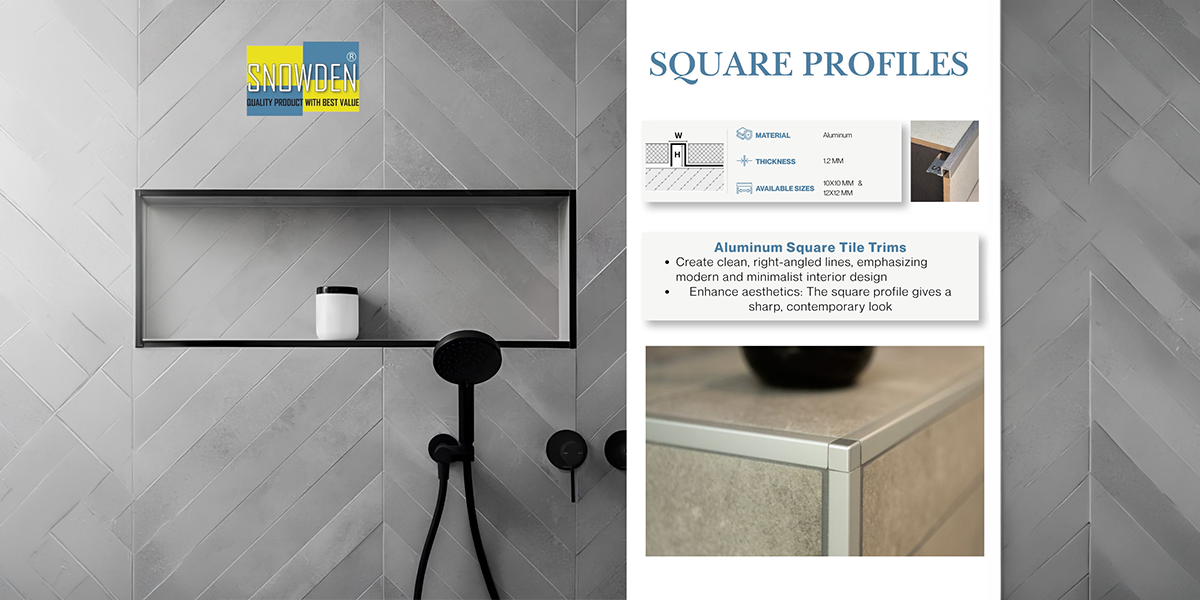 Aluminum Square Tile Trims by Aluminium Profile Manufacturer in UAE Contemporary bathroom niche and countertop finished with sleek aluminum square profile tile trims by an aluminium profile manufacturer in UAE.