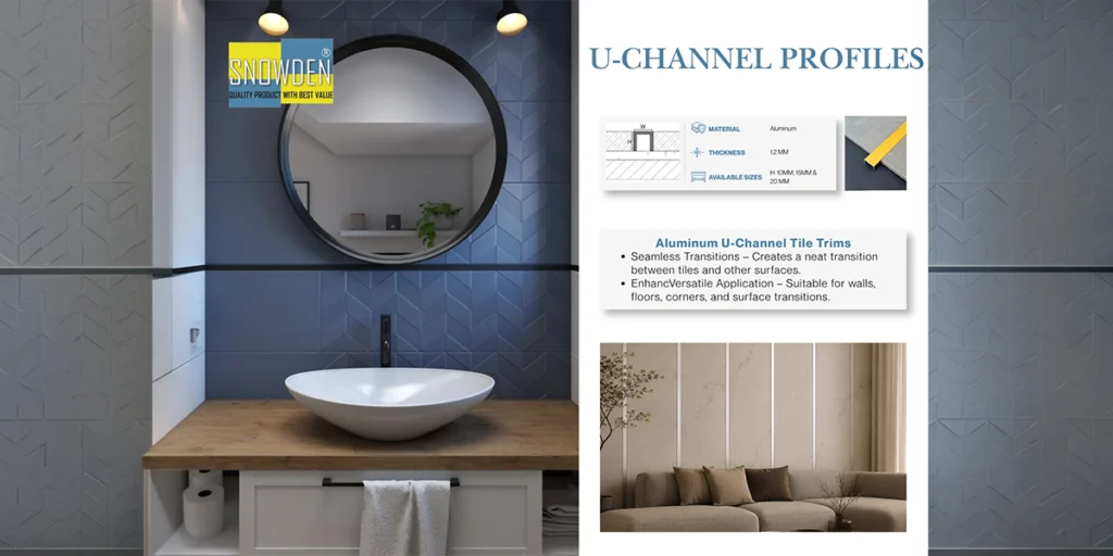 Modern bathroom featuring aluminum U-channel tile trim profiles installed between wall tiles, supplied by a leading aluminium profile manufacturer in UAE.