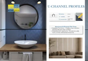 Aluminium Profile Manufacturer in UAE: How Can Custom Profiles Support Project-Specific Designs? 1 Modern bathroom featuring aluminum U-channel tile trim profiles installed between wall tiles, supplied by a leading aluminium profile manufacturer in UAE.