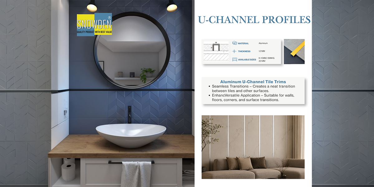 Aluminium Profile Manufacturer in UAE: How Can Custom Profiles Support Project-Specific Designs? 1 Modern bathroom featuring aluminum U-channel tile trim profiles installed between wall tiles, supplied by a leading aluminium profile manufacturer in UAE.
