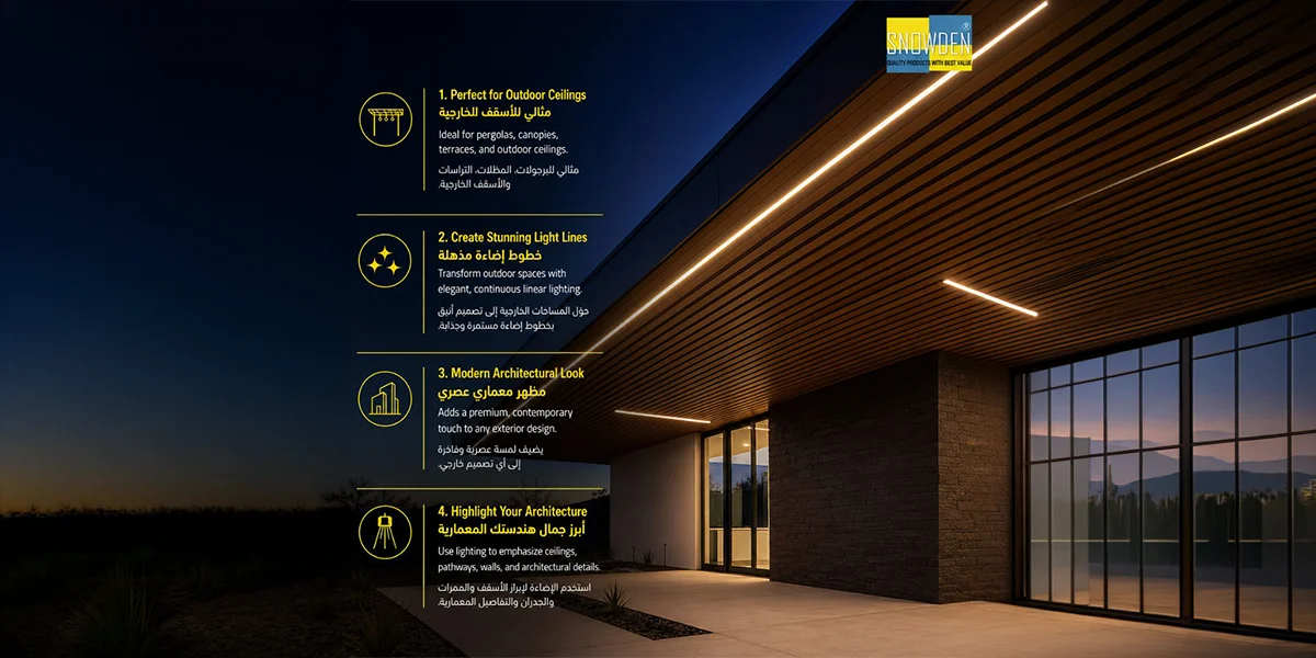 Architectural Outdoor Ceiling Lighting - LED Profiles Manufacturer Exterior building facade with illuminated wooden soffit and linear light lines designed by a leading LED profiles manufacturer.