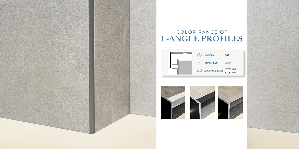 L-angle PVC tile trim profiles installed on tiled corners, demonstrating corner protection and finishing options from PVC Tile Trim Suppliers in UAE.