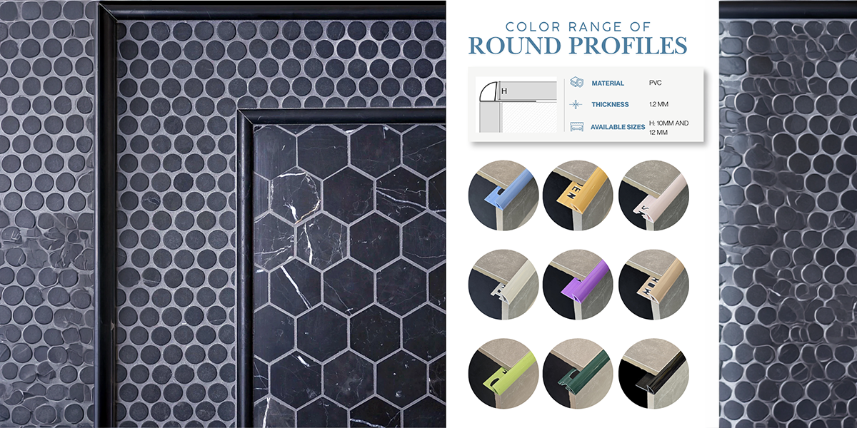 PVC tile trim profiles in round shapes and multiple colors, showcasing tile edge finishing options from PVC Tile Trim Suppliers in UAE.