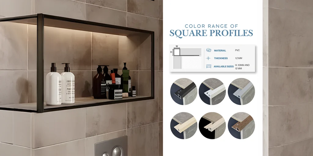 Black-framed tiled bathroom shelf featuring square PVC tile trim profiles, highlighting finishing solutions from PVC Tile Trim Suppliers in UAE.