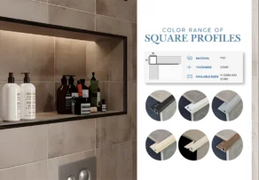 PVC Tile Trim Suppliers in UAE: How Can Contractors Coordinate Trims With Tile Colours and Finishes? 1 Black-framed tiled bathroom shelf featuring square PVC tile trim profiles, highlighting finishing solutions from PVC Tile Trim Suppliers in UAE.