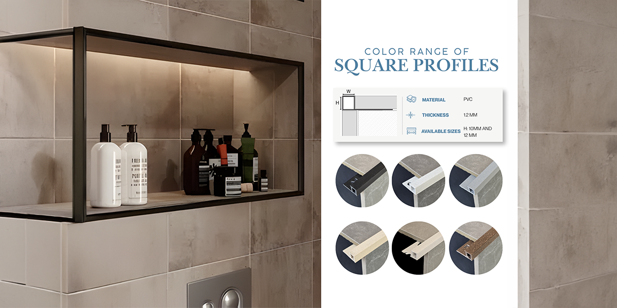 Black-framed tiled bathroom shelf featuring square PVC tile trim profiles, highlighting finishing solutions from PVC Tile Trim Suppliers in UAE.
