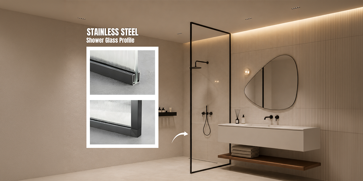Stainless Steel Profiles Manufacturer UAE - Bronze Wall Skirting Bronze stainless steel skirting trim along a tiled hallway floor corner, from a leading Stainless Steel Profiles Manufacturer UAE.