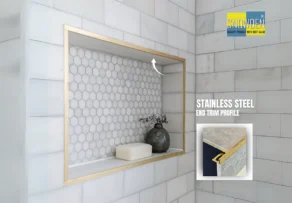 Stainless Steel Profiles Manufacturer UAE: How Can Stainless Steel Trims Support Consistent Interior Finishes? 1 Gold end trim profile installed around a tiled bathroom shower niche, produced by a Stainless Steel Profiles Manufacturer UAE.