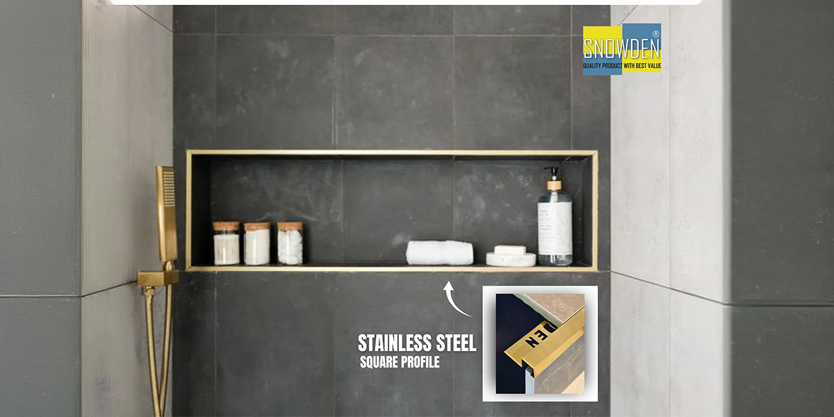 Stainless Steel Profiles Manufacturer UAE - Gold Square Profile Trim Gold stainless steel square profile edging used around a recessed bathroom shelf, supplied by a Stainless Steel Profiles Manufacturer UAE.