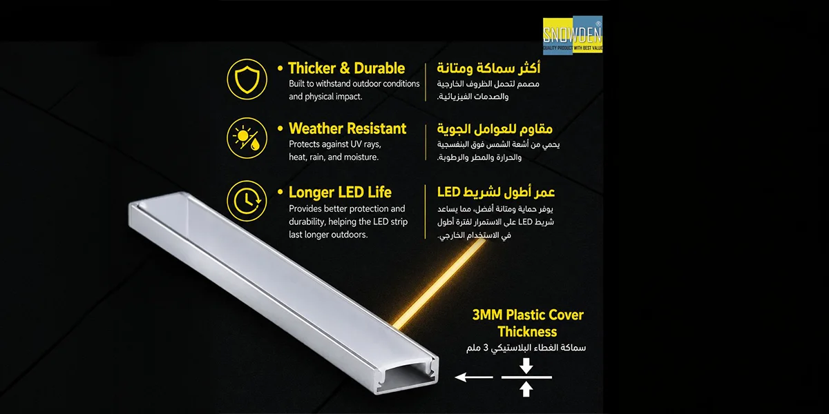 Weatherproof Aluminum Extrusion by Outdoor LED Profiles Manufacturer Close-up of a durable weather-resistant aluminum profile channel with 3mm plastic cover from a specialized LED profiles manufacturer.