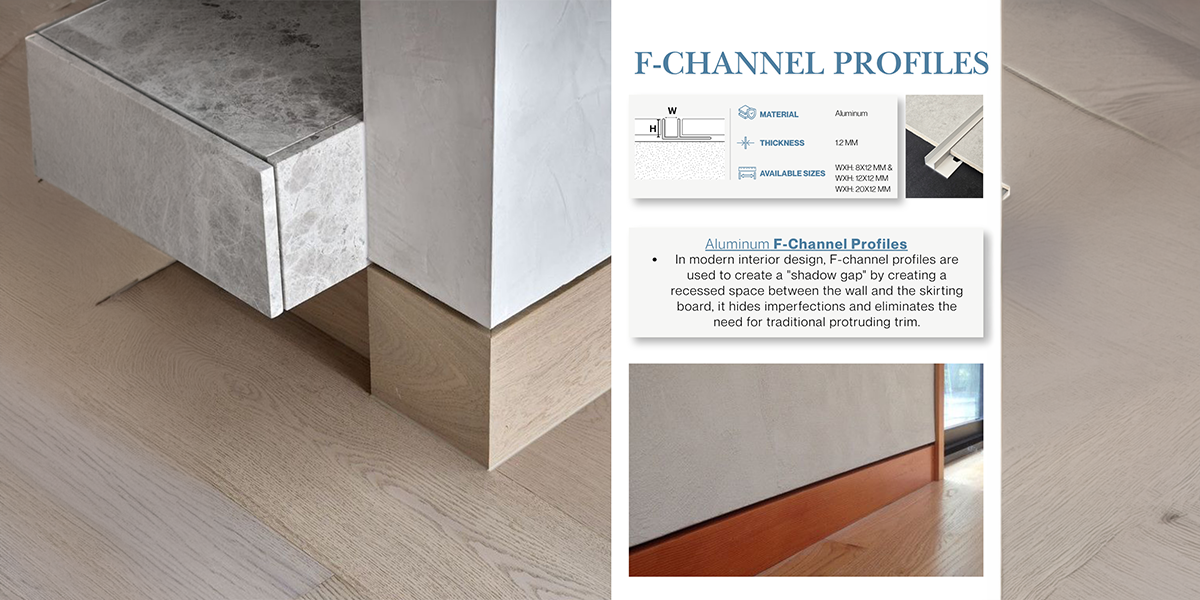 Aluminium Skirting Supplier in UAE – Aluminium F-Channel Profiles Aluminium Skirting Supplier in UAE offering aluminium F-channel profiles for recessed skirting installations, clean wall edges, and contemporary flooring finishes.