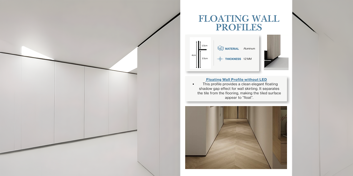 Aluminium Skirting Supplier in UAE – Floating Wall Skirting Profiles Aluminium Skirting Supplier in UAE featuring floating wall skirting profiles that create a minimalist shadow gap between walls and flooring.