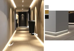 Aluminium Skirting Supplier in UAE: How Can They Create a Cleaner Wall-to-Floor Junction? 1 Aluminium Skirting Supplier in UAE offering modern aluminium skirting profiles in grey, wood finish, and black for elegant hallway and interior flooring designs.