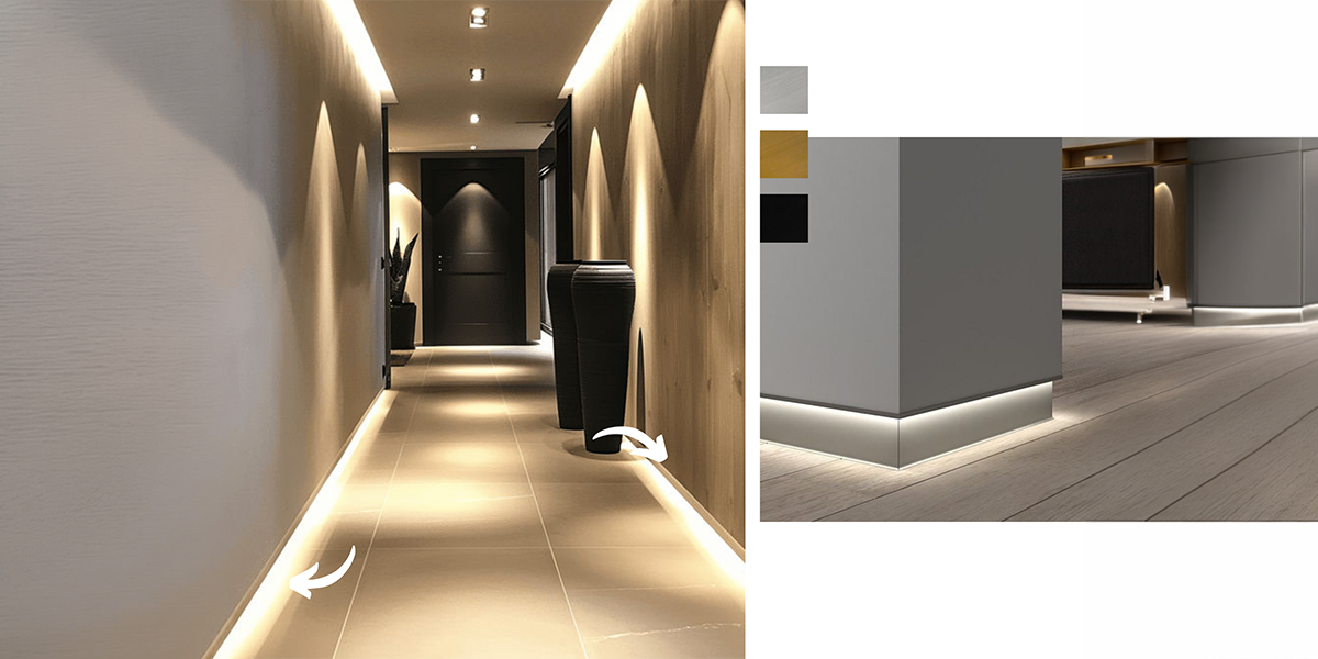 Aluminium Skirting Supplier in UAE: How Can They Create a Cleaner Wall-to-Floor Junction? 1 Aluminium Skirting Supplier in UAE offering modern aluminium skirting profiles in grey, wood finish, and black for elegant hallway and interior flooring designs.