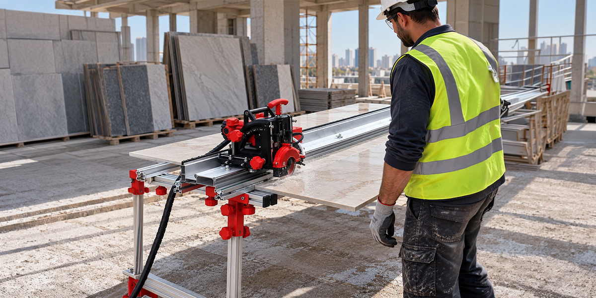 Electric tile cutting machine with a precision-guided diamond blade, long aluminum rail, adjustable clamps, and sturdy support frame, designed for accurate cutting of large marble, porcelain, and stone slabs by a construction professional.