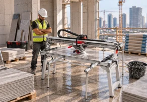 Features to Consider Before Buying an Electric Tile Cutting Machine 1 Electric tile cutting machine features a precision sliding rail, powerful cutting motor, adjustable support table, and stable metal frame for accurate cutting of large-format porcelain and marble tiles at a construction site.