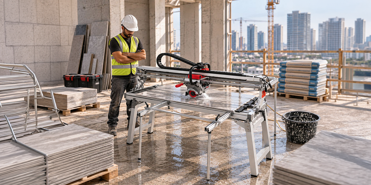 Electric tile cutting machine features a precision sliding rail, powerful cutting motor, adjustable support table, and stable metal frame for accurate cutting of large-format porcelain and marble tiles at a construction site.
