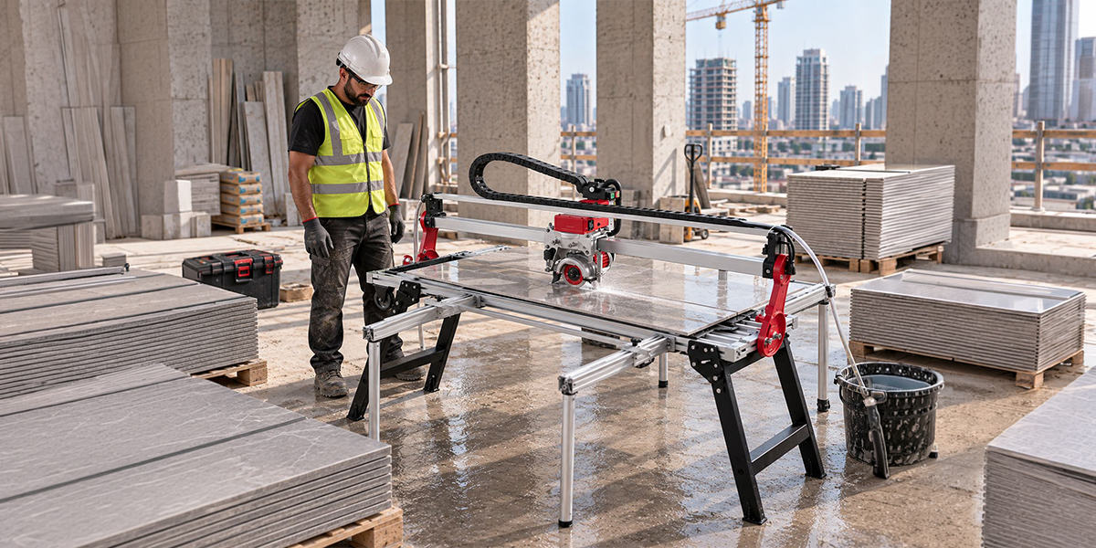 Professional electric tile cutting machine with a red motor assembly, guide rail, adjustable metal legs, and water-assisted cutting system for precise large-format tile cutting on a construction site.