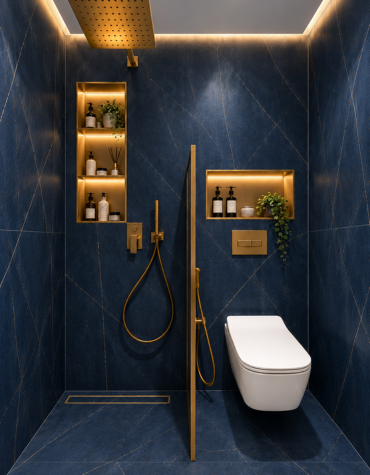 Contemporary bathroom with navy blue marble wall and floor tiles, a wall-mounted white toilet, brushed gold shower fixtures, recessed illuminated storage niches, and warm ambient ceiling lighting.