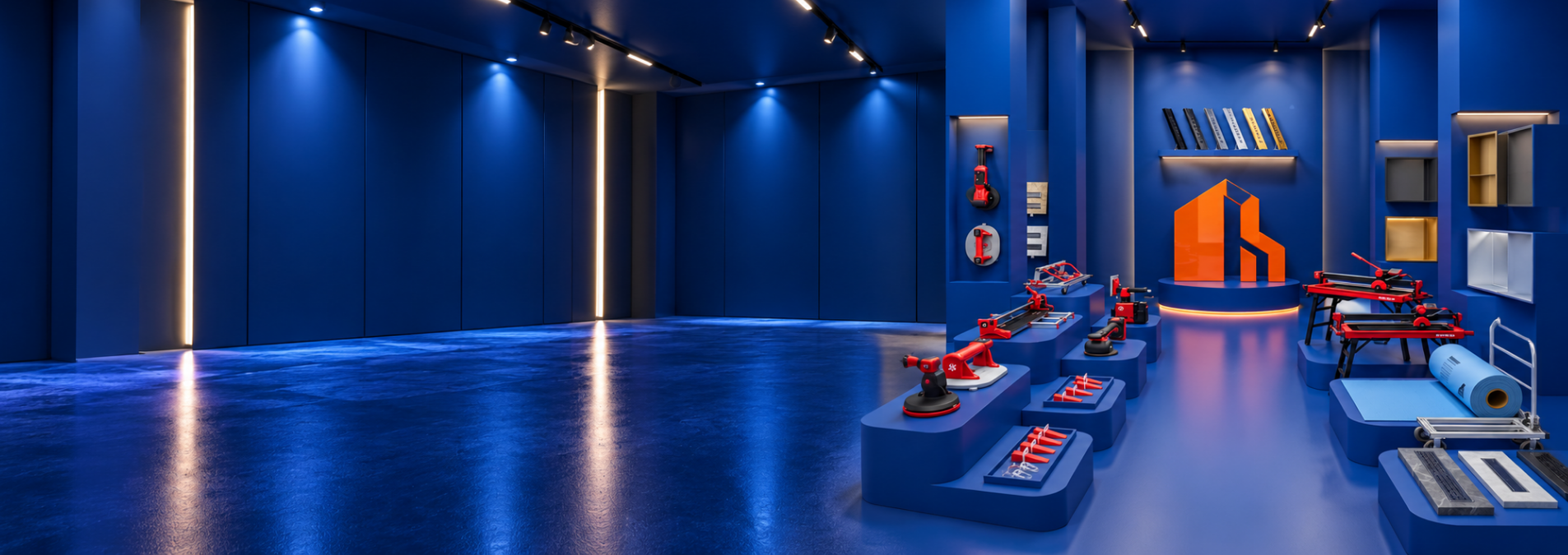 Luxurious modern interior featuring deep blue walls, glossy reflective flooring, warm white LED strip lighting, and contemporary architectural details.