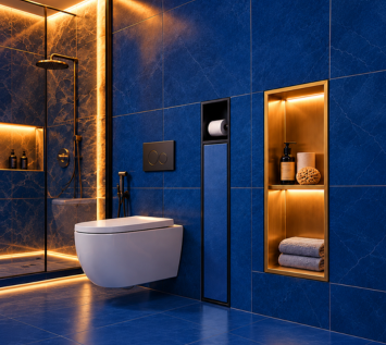 Modern wall-mounted white toilet in a luxurious bathroom featuring blue marble-effect tiles, a rainfall shower, and warm LED-lit recessed niches with decorative accessories and folded towels.